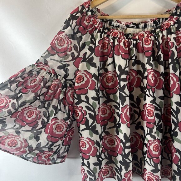 Loft Womens Blouse Top Size Large White Red Black Floral Flare Sleeve Peasant - Picture 4 of 9
